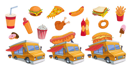 Fast food colorful set. Hotdog and Hamburger. Street food. Popcorn and hot dog. Cartoon fast food for design. Meal festival. Food truck. Vector graphics to design