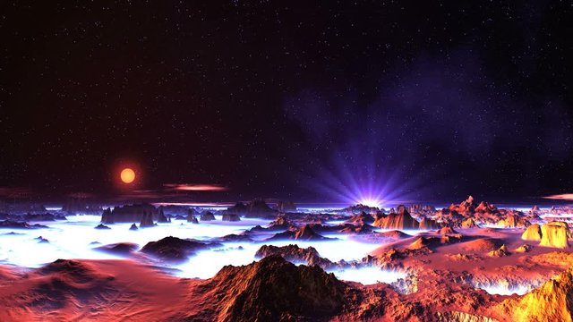 Two Suns and Sunrise on an Alien Planet. On a dark starry sky a bright orange sun rises. On the horizon, a second white sun emits bright rays. Rare clouds float slowly. Rocks are among the white fog.