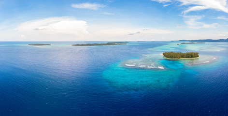Naklejka na ściany i meble Aerial view Banyak Islands Sumatra tropical archipelago Indonesia, coral reef beach turquoise water. Travel destination, diving snorkeling, uncontaminated environment ecosystem