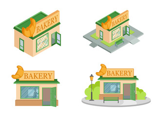 Set of Vector isometric Bakery Shops from different angles. Facade of Bakery Shop isolated on white background. Bakery Shop house. Bake Bread. Bakery emblem. Vector graphics to design