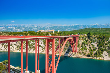 Red steel bridge on Maslenica, Croatia, summer day, Dalmatian landscape