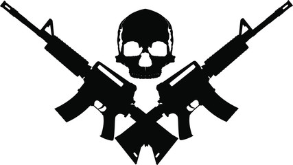 Obraz premium human skull and two crossed automatic assault rifles on a white background