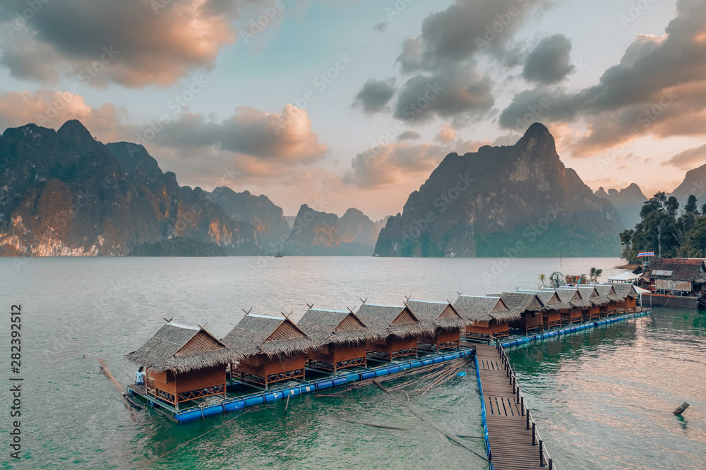 Wall mural raft houses on cheow lan lake in khao sok national park