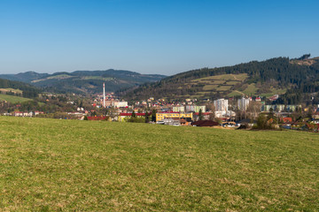 Fototapeta na wymiar Turzovka town with hills around and clear sky in Slovakia