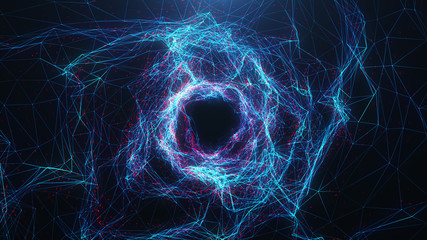 Abstract digital wormhole, tunnel consisting blue and red sparkling particle and lines. Way through the digital network beautiful blue and red particles. Journey through space and time. 3D Rendering