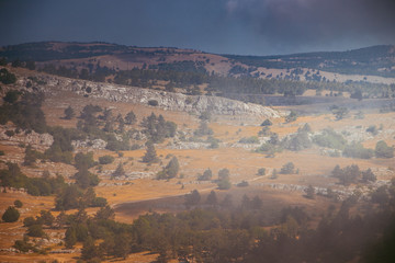 Ai-petri mountain in the fog. High mountain. Crimea. Russian mountains. Low clouds. Beautiful mountain landscape. The famous AI Petri mountain, partially covered with clouds, fog