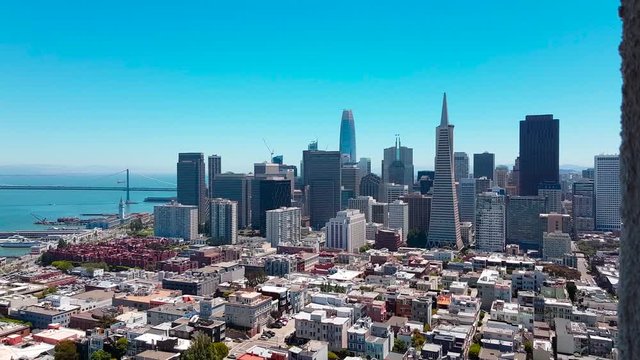 Panorama shot of San Francisco & Bay Bridge from top of Coit Tower overlooking San Francisco, California, USA