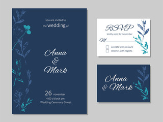 Wedding floral invitation. Rsvp card design set. Invitation card. Elegant leaves pattern. 