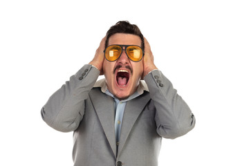 Special businessman with vintage glasses and grey suit