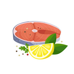 Salmon steak with lemon and spices vector illustration in flat design isolated on white background.