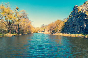 Mountain landscape. Aerial view of mountain river in early spring