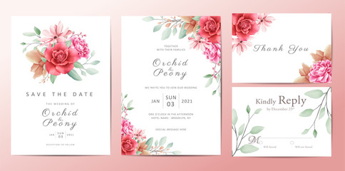 Beautiful wedding invitation template cards set with flowers bouquet