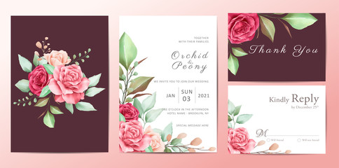 Elegant foliage wedding invitation template card set of roses flowers