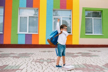 Back to school. Happy smiling boy in glasses is going to school for the first time. Child with backpack and book outdoors. Beginning of lessons. First day of fall.