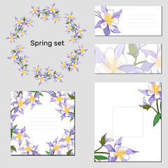 Templates for corporate identity, floral bookmarks and business cards. Purple flowers of aquilegia. For modern design, advertising, posters, advertisements.