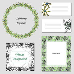Templates for text and corporate identity with abstract pattern on a white and green background. Ink drawn ornament for business cards, advertising, posters, advertisements.