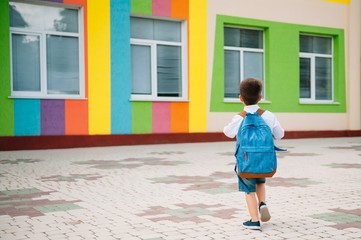 Little boy going back to school. Child with backpack and books on first school day. Back view. School concept. Back to school.
