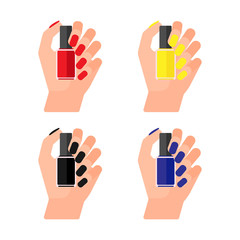 Girl holds bottle of varnish in her hand. Female hands with nail polish. Coat your fingernails with red, yellow, black, blue laquer. Vector illustration on white background