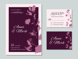 Vector wedding floral invitation. Rsvp card design set. Invitation card. Elegant leaves pattern. 