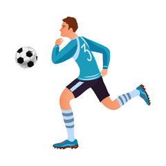 Fototapeta na wymiar Soccer or football player in blue uniform running with ball
