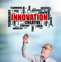 Businessman drawing innovation word cloud concept