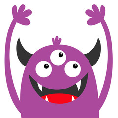 Monster head violet silhouette. Three eyes, teeth fang, horns, hands up. Cute kawaii cartoon funny character. Happy Halloween. Baby kids collection. Flat design. White background. Isolated.