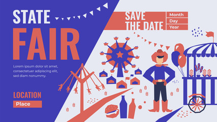 Template for State Fair with Save the date. Vector illustration of Street Food, amusement park, market, ferris wheel,farmer, country fair. Design for banner, flyer, invitation, advertisement, web site