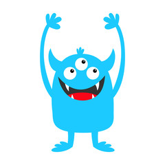 Monster blue silhouette icon. Three eyes, teeth fang, horns, boo hands up. Cute kawaii cartoon funny character. Happy Halloween. Baby kids collection. White background. Isolated. Flat design.
