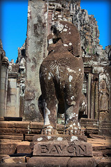 statue at Bayon Temple. Bayon is a well known khmer temple at Angkor in Cambodia