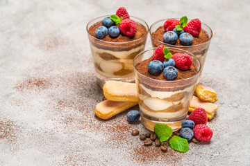 Classic tiramisu dessert with blueberries and raspberries and savoiardi cookies in a glass on concrete background