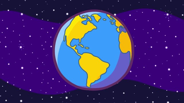 Earth cartoon animation. Doodle crazy pulsing globe. Looks like a fantastic ball. Fully hand drawn, dynamic, optionally isolated, with colour outlines, on dark blue background with pulsing stars.