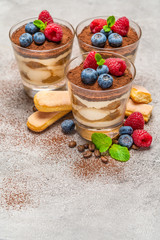 Classic tiramisu dessert with blueberries and raspberries and savoiardi cookies in a glass on concrete background