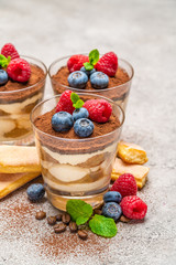 Classic tiramisu dessert with blueberries and raspberries and savoiardi cookies in a glass on concrete background