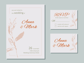 Vector wedding floral invitation. Rsvp card design set. Invitation card. Elegant leaves pattern. 