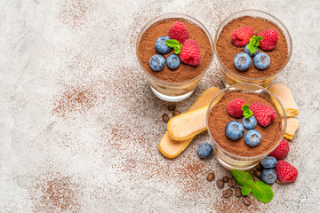 Classic tiramisu dessert with blueberries and raspberries and savoiardi cookies in a glass on concrete background