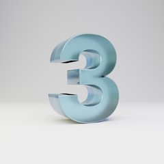 Ice 3d number 3. Transparent ice font with glossy reflections and shadow isolated on white background.