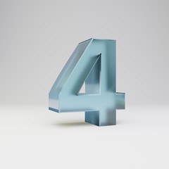 Ice 3d number 4. Transparent ice font with glossy reflections and shadow isolated on white background.