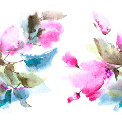 Seamless floral border. Watercolor flowers. Floral greeting card.