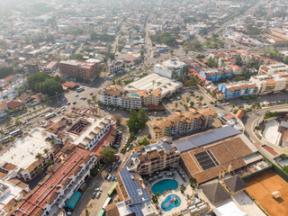 Fototapeta premium Aerial photos of the beautiful town of Puerto Vallarta in Mexico, the town is on the Pacific coast in the state known as Jalisco