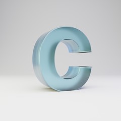 Ice 3d letter C uppercase. Transparent ice font with glossy reflections and shadow isolated on white background.