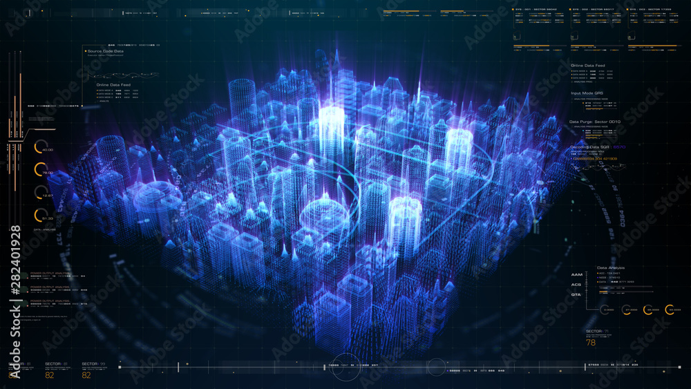 Poster Futuristic holographic city digitally generated image virtual reality matrix particles in cyber space background environment