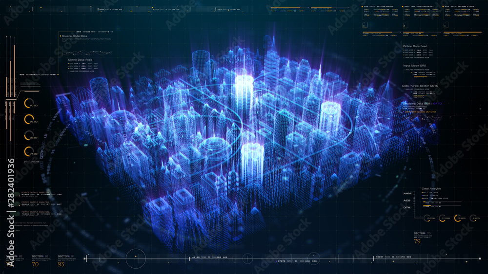 Poster Futuristic holographic city digitally generated image virtual reality matrix particles in cyber space background environment