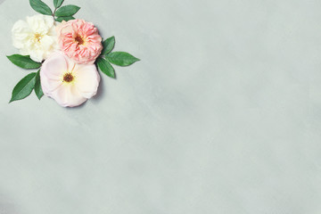 Festive flower composition on gray background. Top view. Overhead