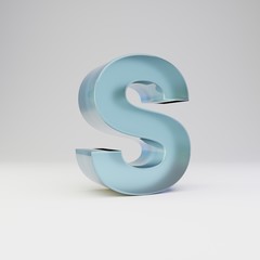 Ice 3d letter S uppercase. Transparent ice font with glossy reflections and shadow isolated on white background.