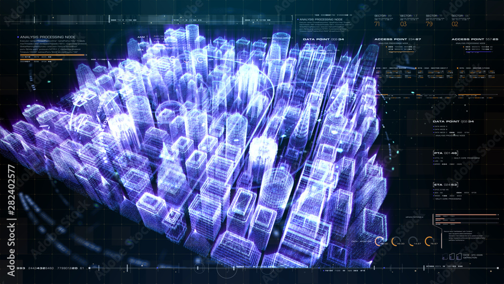 Leinwandbilder Futuristic holographic city digitally generated image virtual reality matrix particles in cyber space background environment