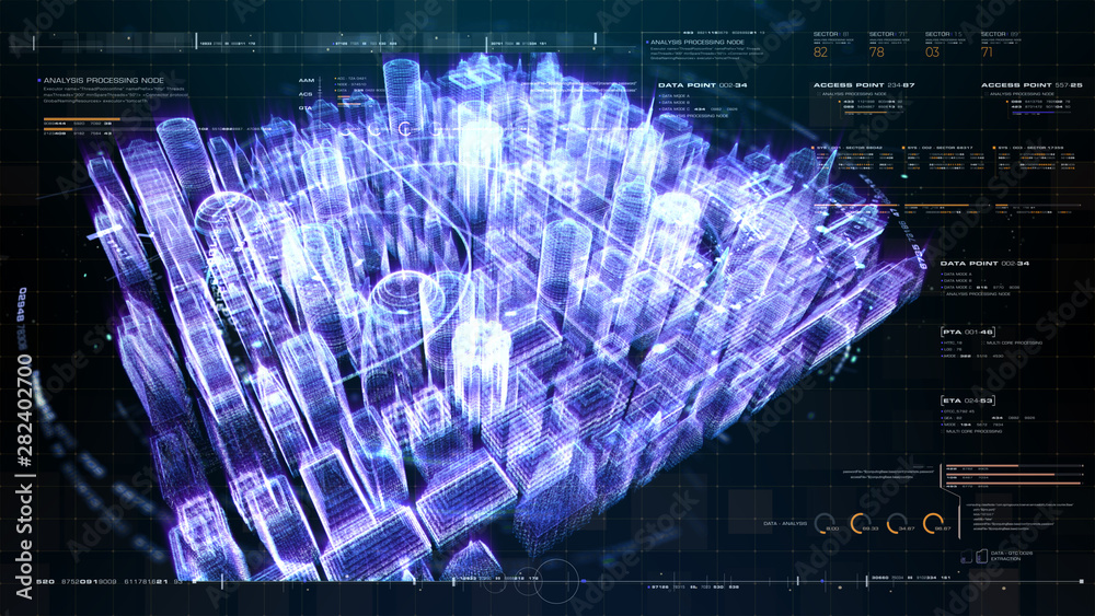 Poster futuristic holographic city digitally generated image virtual reality matrix particles in cyber spac