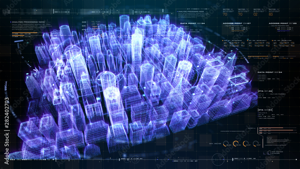 Poster Futuristic holographic city digitally generated image virtual reality matrix particles in cyber space background environment