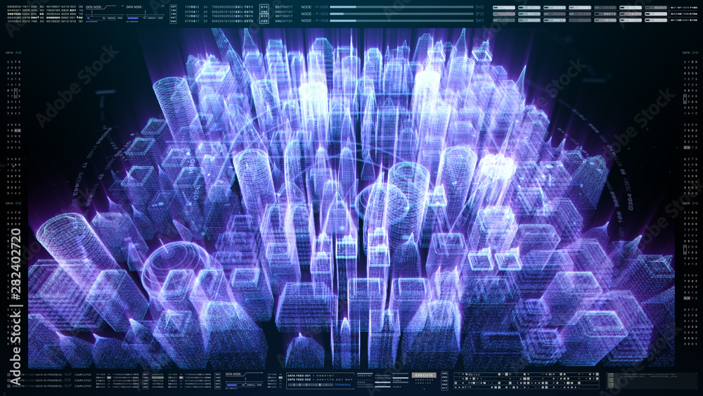 Poster Futuristic holographic city digitally generated image virtual reality matrix particles in cyber space background environment