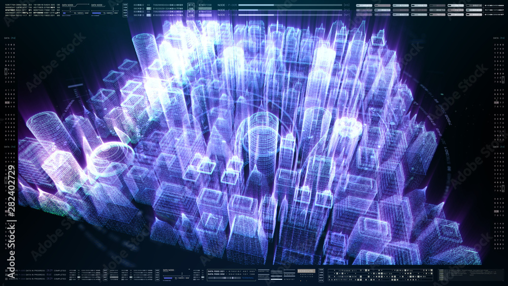 Leinwandbilder futuristic holographic city digitally generated image virtual reality matrix particles in cyber spac