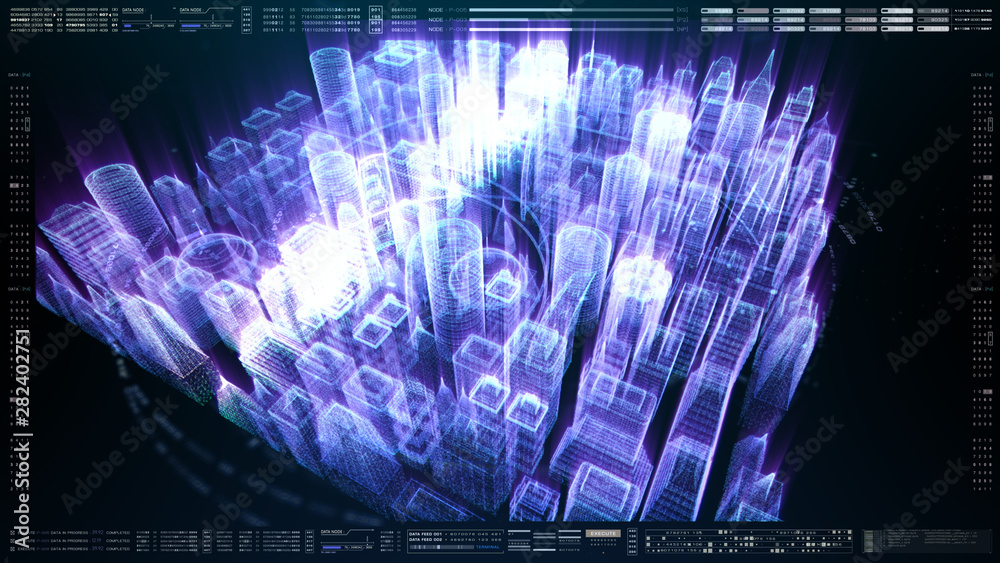 Poster Futuristic holographic city digitally generated image virtual reality matrix particles in cyber space background environment